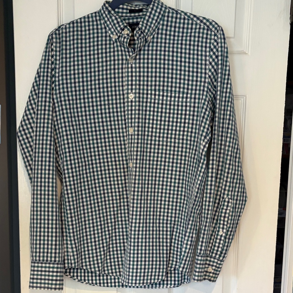 J. Crew Men's Green and White Checkered Shirt